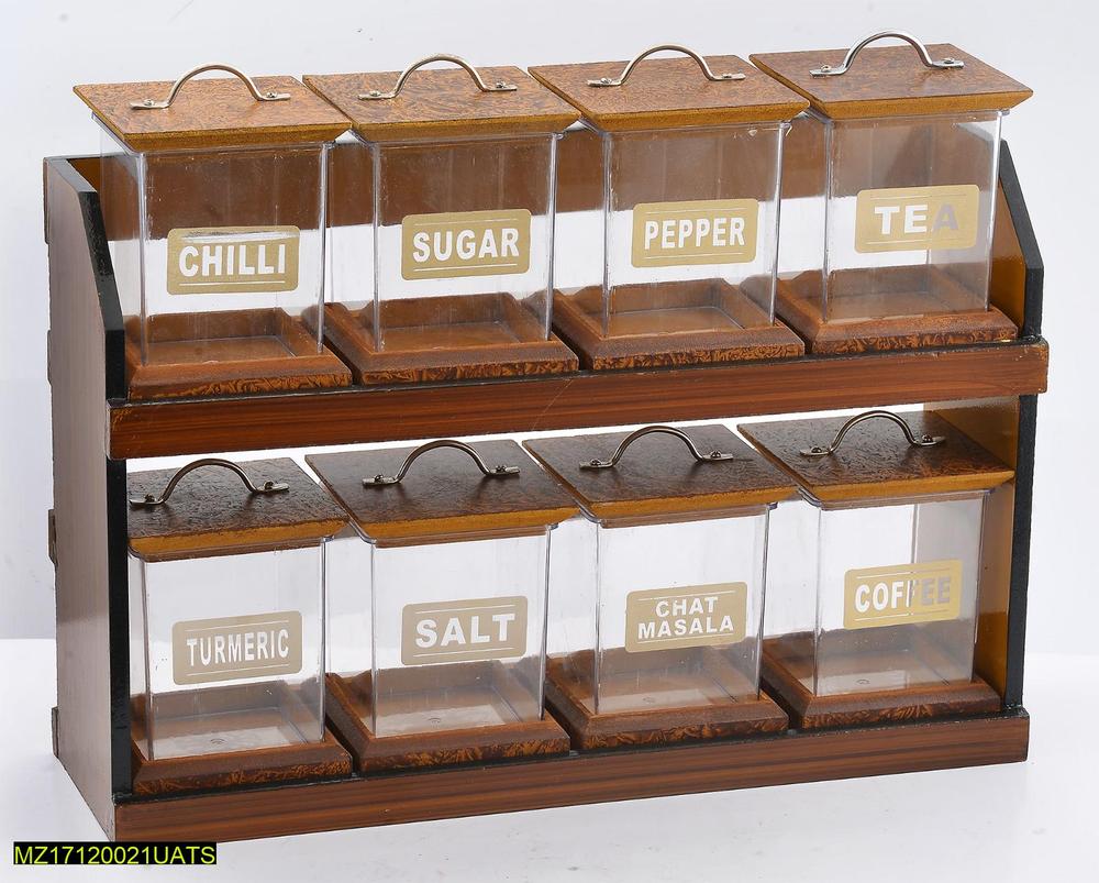 Spices Jar Set with Wooden Rack – 8 Jars, Durable Wood, Organized Storage Solution