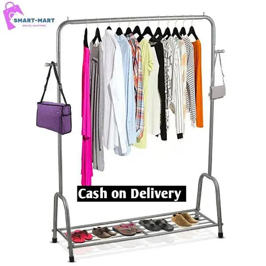 Clothes hanging stand with a shoes rack.