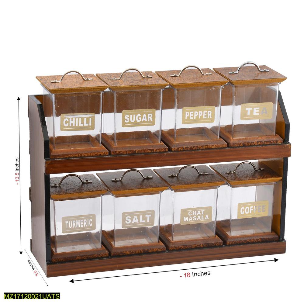 Spices Jar Set with Wooden Rack – 8 Jars, Durable Wood, Organized Storage Solution