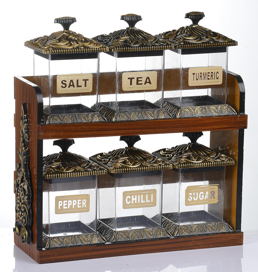 6 Pcs Wooden Spices Jar Set – Stylish, Functional Kitchen Organizer
