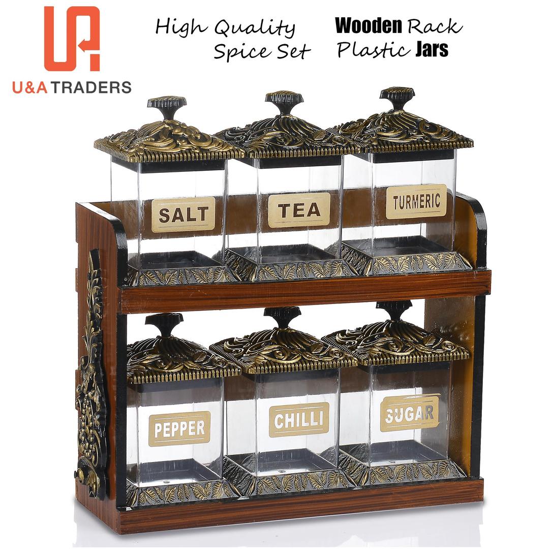 6 Pcs Wooden Spices Jar Set – Stylish, Functional Kitchen Organizer