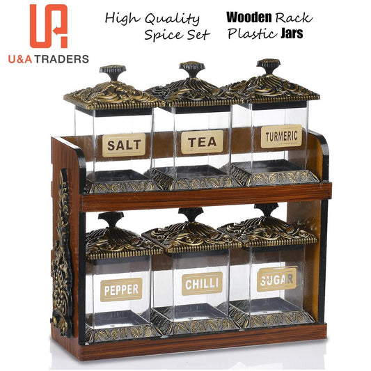 6 Pcs Wooden Spices Jar Set – Stylish, Functional Kitchen Organizer